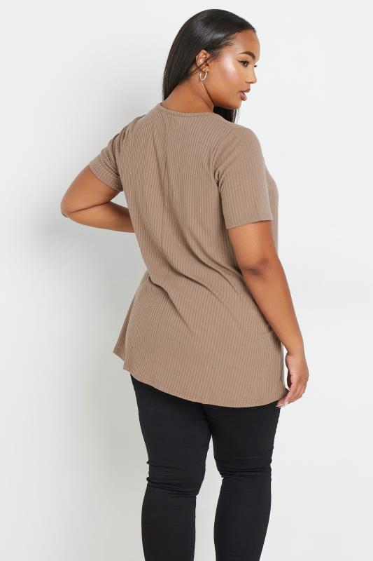 YOURS Plus Size Mocha Brown Button Front Ribbed Swing Top | Yours Clothing 3