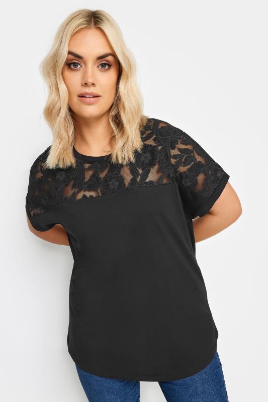 YOURS Plus Size Black Floral Mesh T-Shirt | Yours Clothing 1