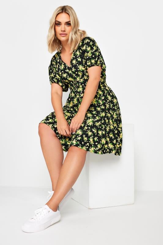 Plus Size  YOURS Curve Yellow Floral Print Button Through Dress