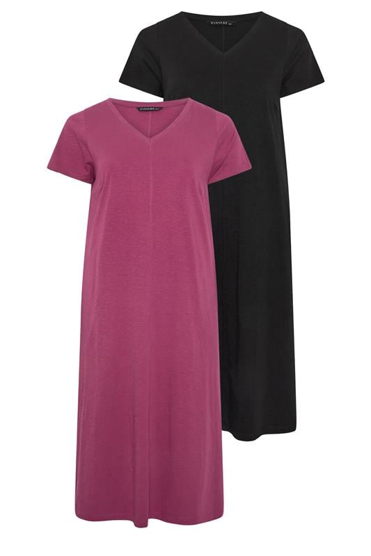  EVANS Curve 2 Pack Black & Berry Red Cotton Midi Dress