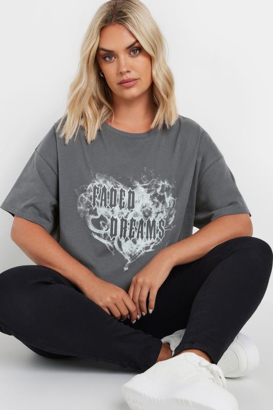 Plus Size  YOURS Curve Grey 'Faded Dreams' Slogan T-Shirt