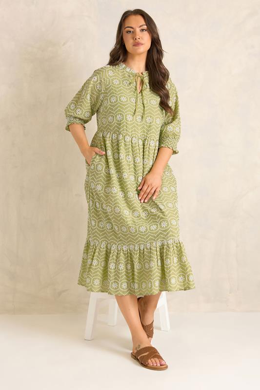 EVANS Plus Size Green Tie Neck Broderie Cotton Maxi Dress | Evans 2
