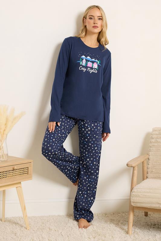  LTS Tall Navy Blue 'Cosy Nights' Slogan Wide Leg Cotton Pyjama Set