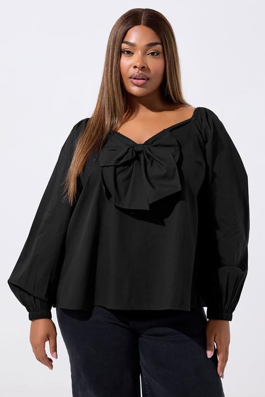  LIMITED COLLECTION Curve Black Bow Front Poplin Top
