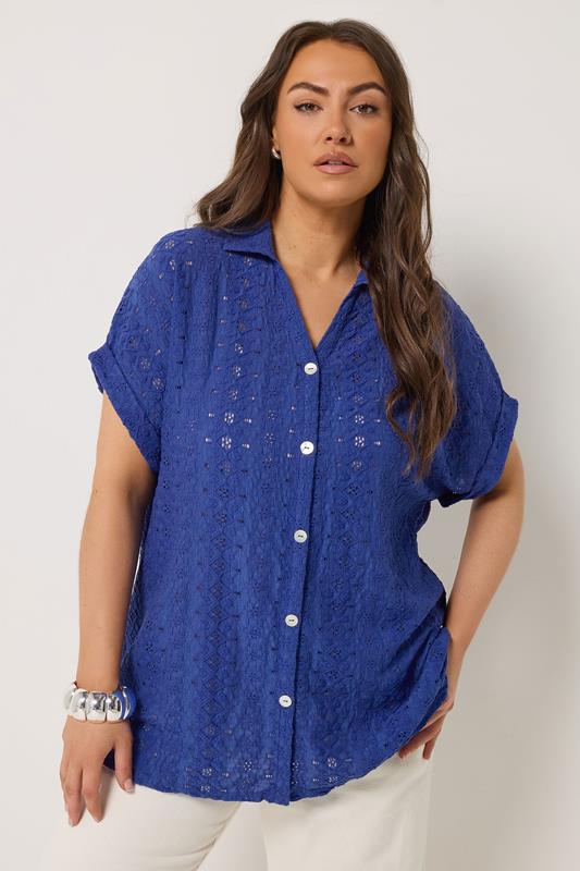 YOURS Curve Cobalt Broderie Anglaise Grown-On Sleeve Shirt