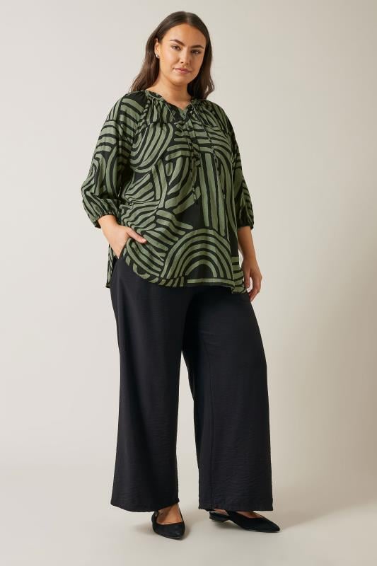 EVANS Plus Size Khaki Green Abstract Print Tie Neck Blouse | Evans 3