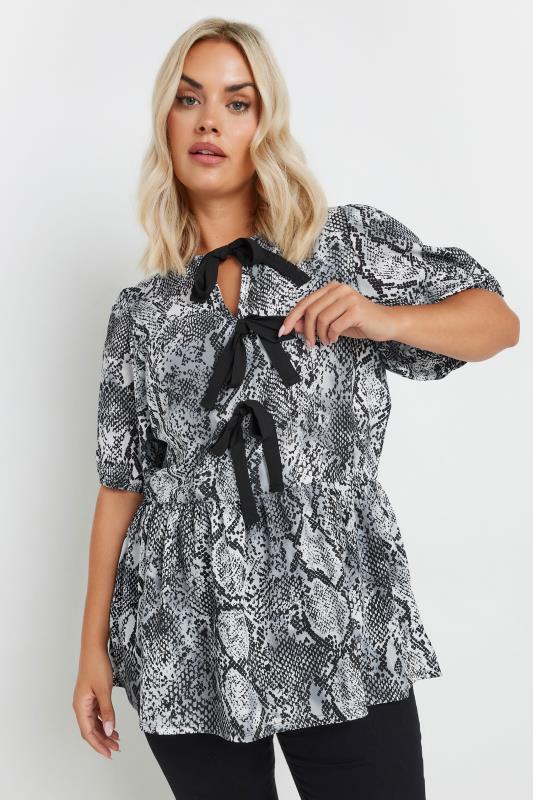 LIMITED COLLECTION Plus Size Grey Snake Print Bow Top | Yours Clothing 1