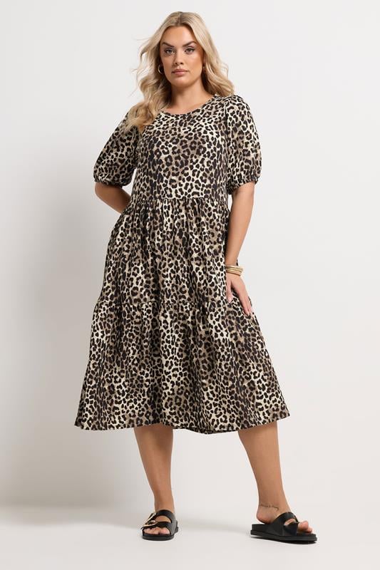 YOURS Plus Size Natural Brown Leopard Tiered Midi Dress | Yours Clothing 2