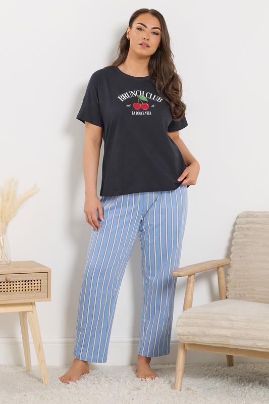  YOURS Curve Blue Stripe Wide Leg Pyjama Bottoms