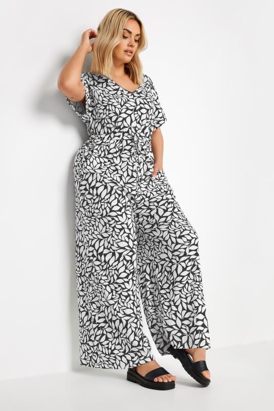 YOURS Plus Size White Leaf Print Wide Leg Jumpsuit | Yours Clothing 2