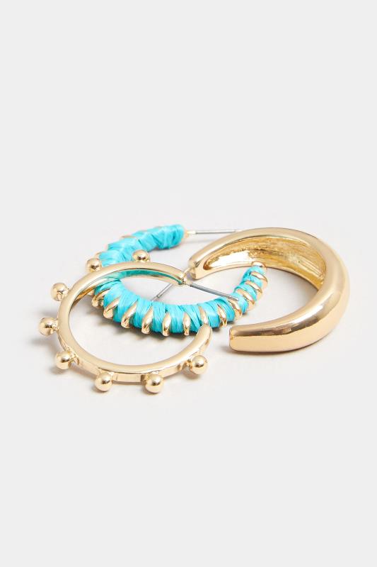 3 PACK Gold Tone Teal Hoop Earrings 4