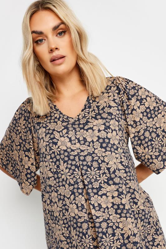 YOURS Curve Navy Blue Floral Print Pleated Swing Top | Yours Clothing 4