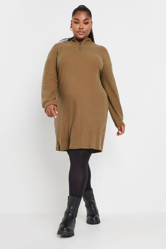 YOURS Plus Size Natural Brown Soft Touch Zip Neck Jumper Dress | Yours Clothing 2