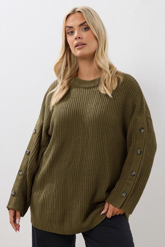 Plus Size  YOURS Curve Khaki Green Button Sleeve Jumper