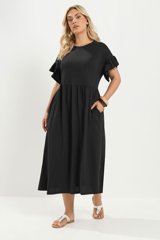 YOURS Plus Size Black Cotton Frill Sleeve Maxi Dress | Yours Clothing 1