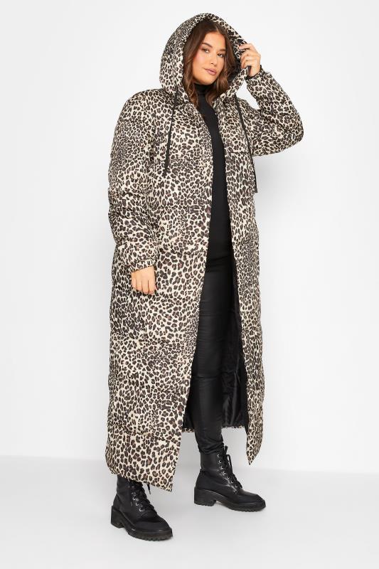 LTS Tall Womens Beige Brown Leopard Print Longline Puffer Coat | Long Tall Sally 2