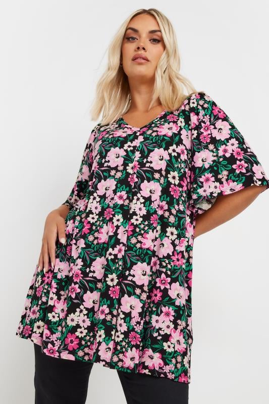 YOURS Plus Size Black Floral Print Angel Sleeve Swing Top | Yours Clothing 1