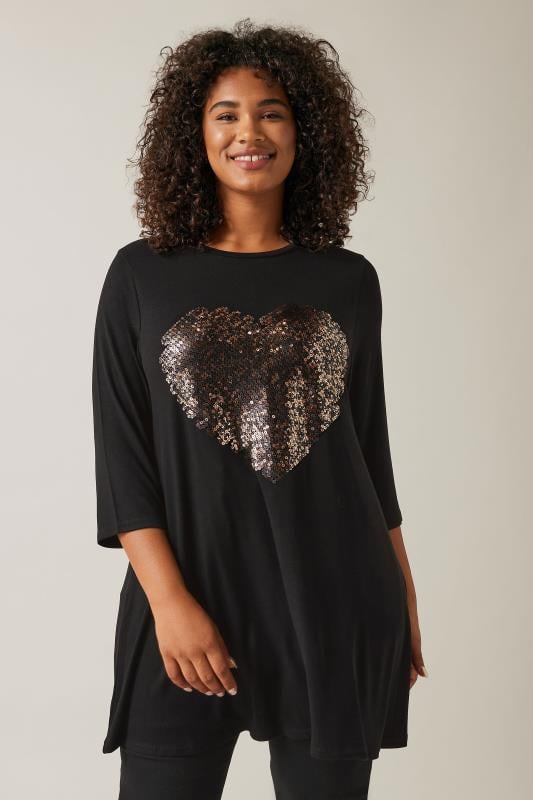 EVANS Plus Size Black Sequin Embellished Heart Top | Evans  1