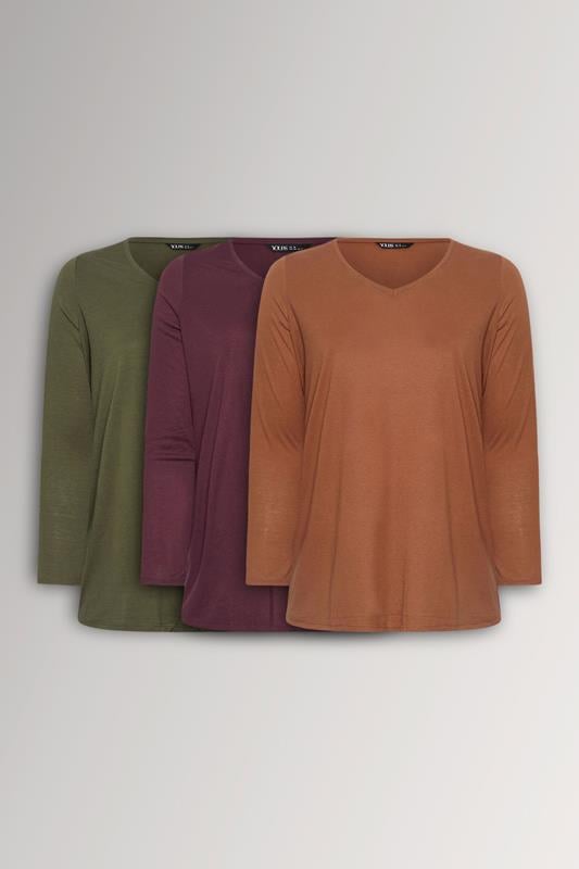 YOURSET 3 PACK Curve Brown & Khaki Green Long Sleeve V-Neck T-Shirts