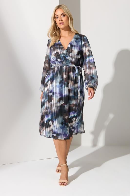 Plus Size  YOURS LONDON Curve Blue Blurred Metallic Wrap Dress