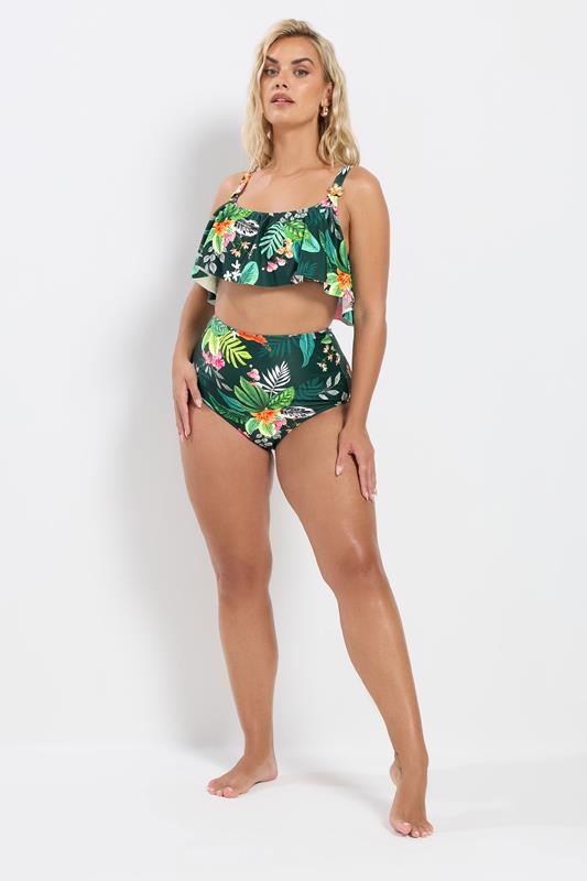 YOURS Plus Size Green Tropical Print Frill Bikini Top | Yours Clothing 4