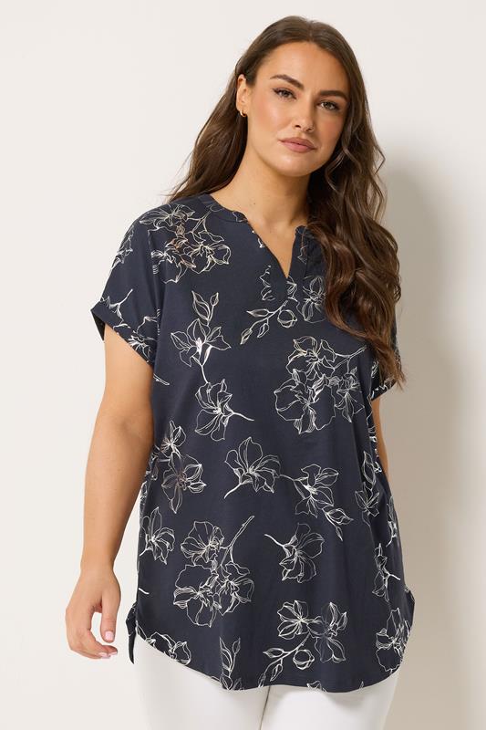 YOURS Curve Black Floral Foil Notch Neck Top