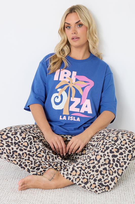  YOURS Curve Blue & Leopard Print 'Ibiza' Pyjama Set