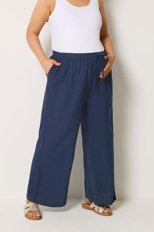  BUMP IT UP MATERNITY Curve Navy Blue Wide Leg Linen Trousers