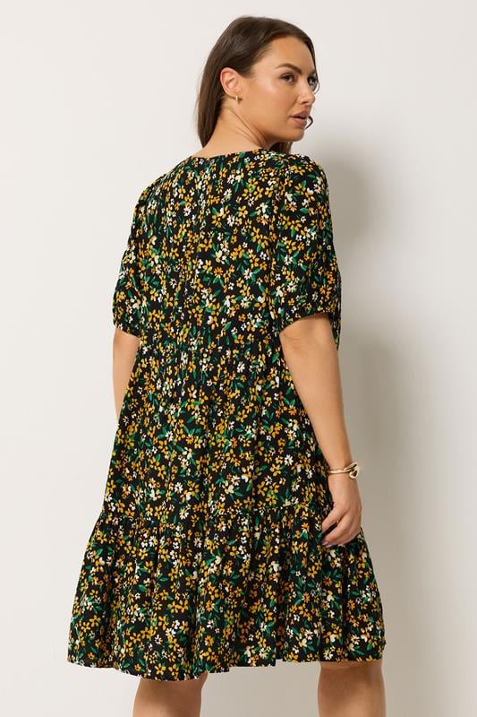 YOURS Plus Size Black Floral Tiered Mini Smock Dress | Yours Clothing 2