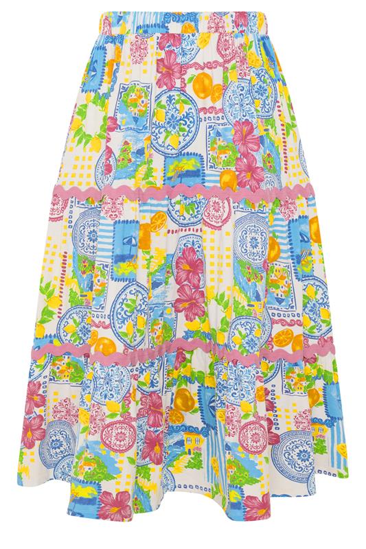YOURS Plus Size White Tile Print Tiered Maxi Skirt | Yours Clothing 5