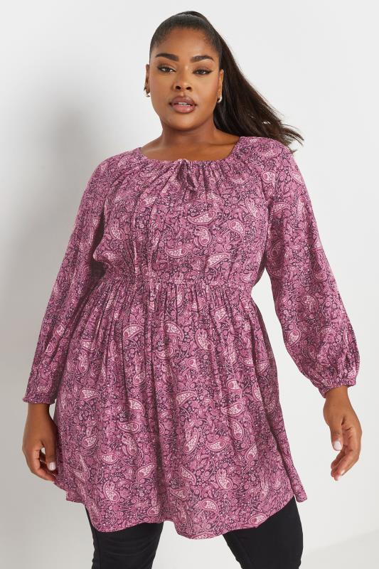 YOURS Plus Size Pink Paisley Crinkle Tie Neck Blouse | Yours Clothing  1