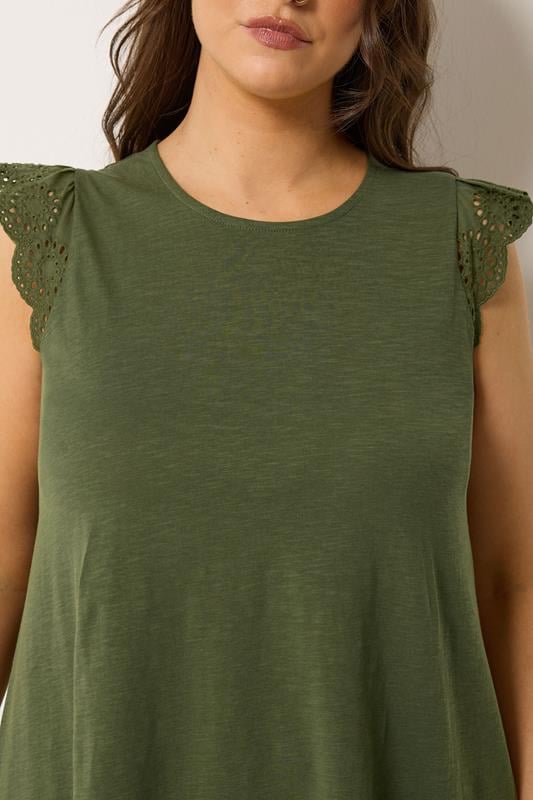 YOURS Plus Size Khaki Green Broderie Frill Vest Top | Yours Clothing 5