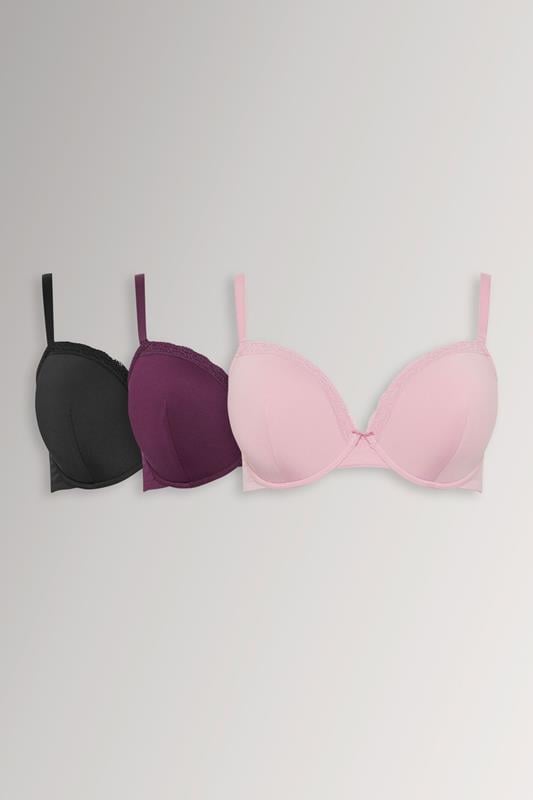 YOURSET 3 PACK Plus Size Purple & Pink Lace Trim Padded T-Shirt Bras | Yours Clothing 1