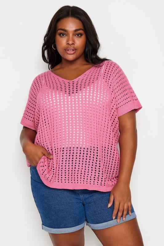 YOURS Plus Size Pink Boxy Crochet Top | Yours Clothing 1