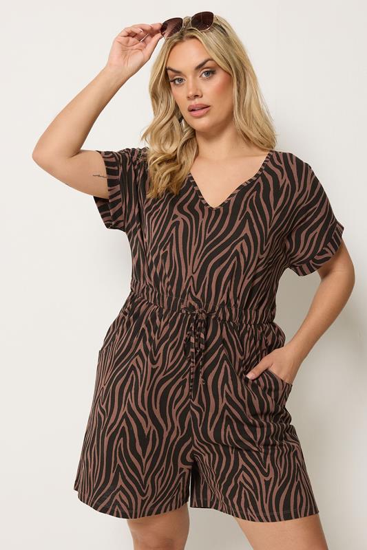  YOURS Curve Chocolate Brown Zebra Print Cotton Playsuit