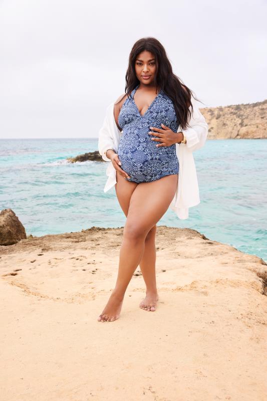 Plus Size  BUMP IT UP MATERNITY Curve Blue Paisley Print Halter Neck Swimsuit