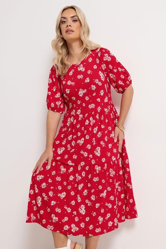 YOURS Plus Size Red Daisy Tiered Midi Dress | Yours Clothing 1
