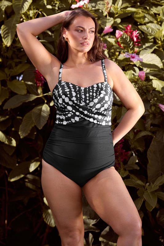 Plus Size  YOURS Curve Black Crossover Spot Print Swimsuit