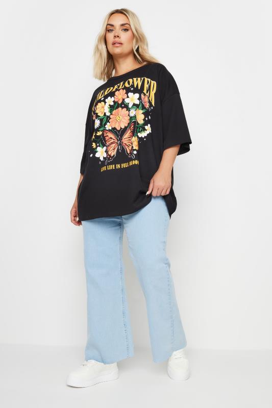 YOURS Plus Size Black 'Wildflower' Slogan Oversized T-Shirt | Yours Clothing 2