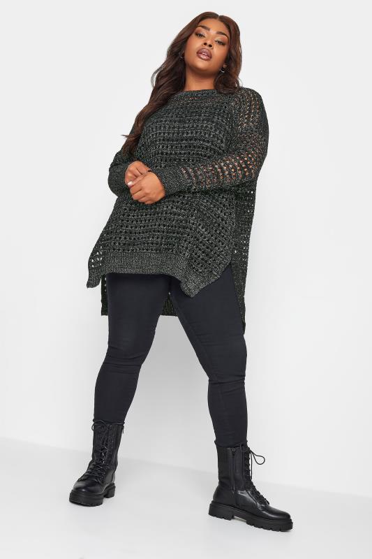 YOURS Plus Size Black & Silver Side Split Crochet Jumper | Yours Clothing 3