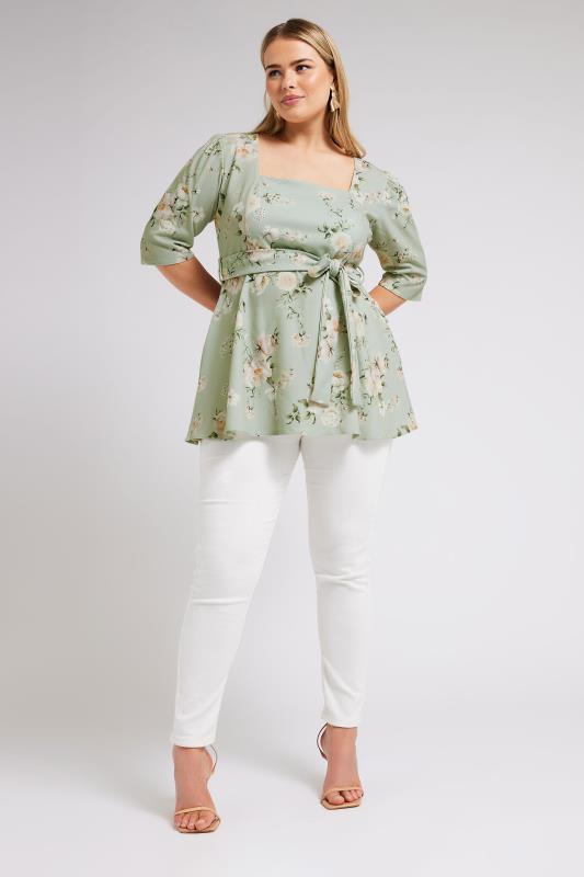 YOURS LONDON Plus Size Green Floral Print Square Neck Top | Yours Clothing 2