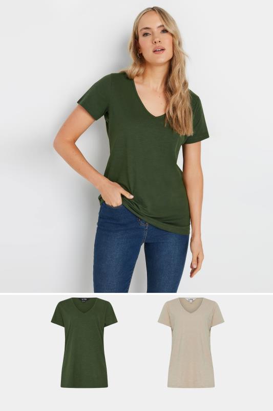 LTS Tall 2 Pack Khaki Green & Stone Brown V-Neck T-Shirts | Long Tall Sally  1