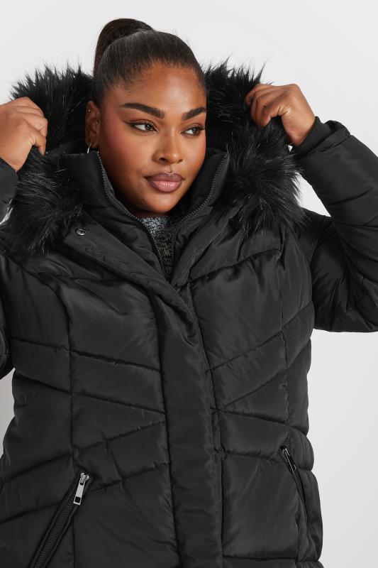 YOURS Plus Size Black Faux Fur Trim Puffer Coat | Yours Clothing 6