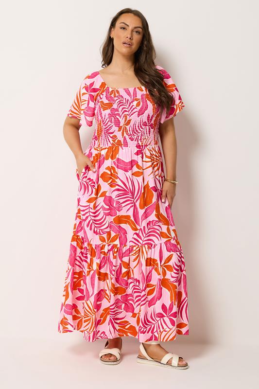 YOURS Plus Size Pink Palm Leaf Shirred Maxi Dress | Yours Clothing 1
