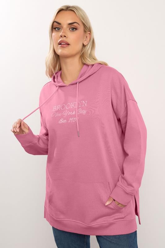 YOURS Plus Size Pink 'Brooklyn' Embroidered Slogan Hoodie | Yours Clothing 1