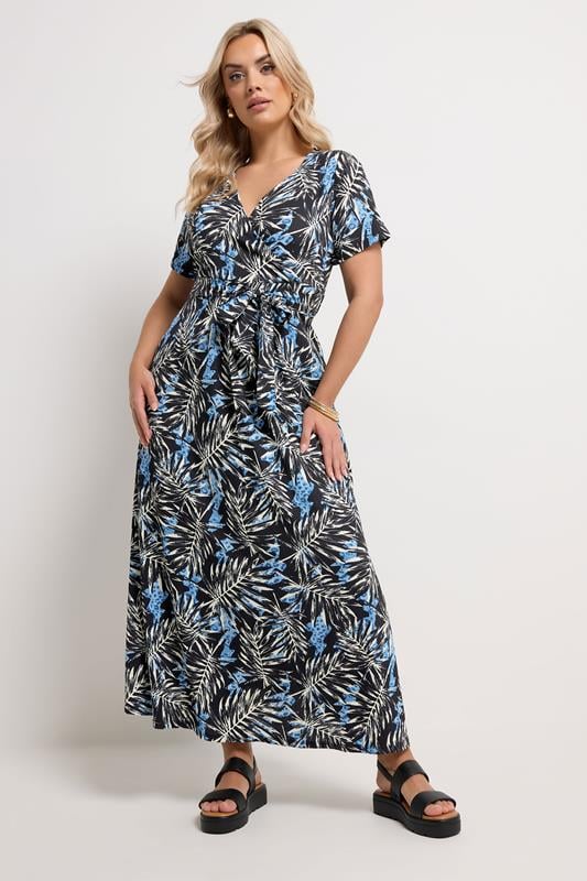 YOURS Plus Size Black Leaf Maxi Wrap Dress | Yours Clothing 1