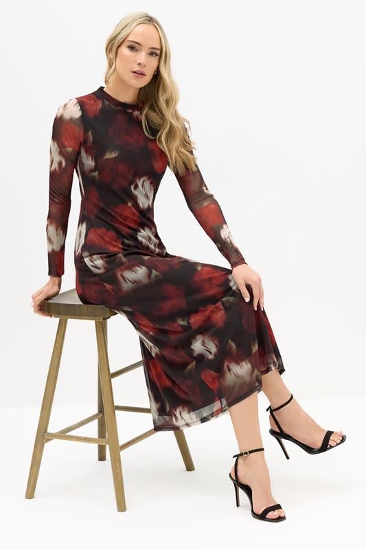 LTS Tall Black Mesh Floral Print Maxi Dress