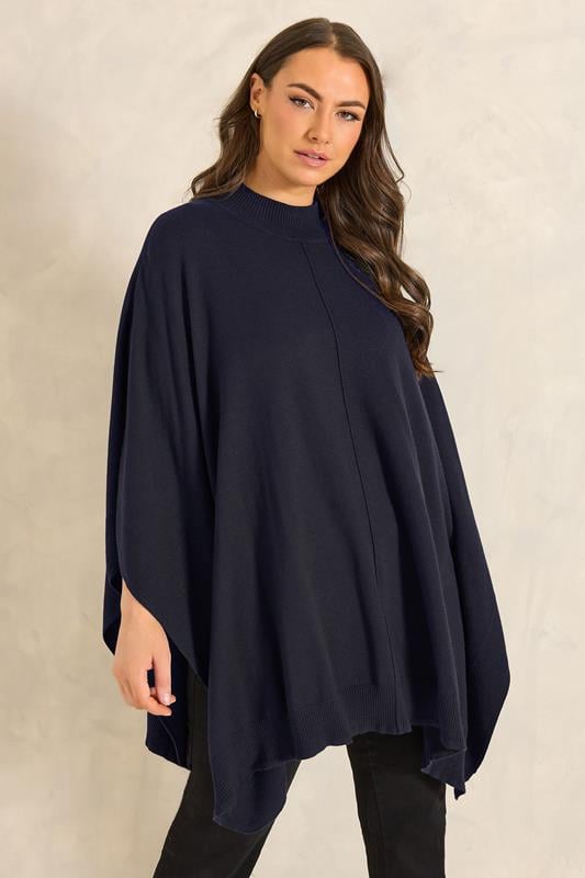 Plus Size  EVANS Curve Navy Blue Premium Seam Detail Knitted Poncho