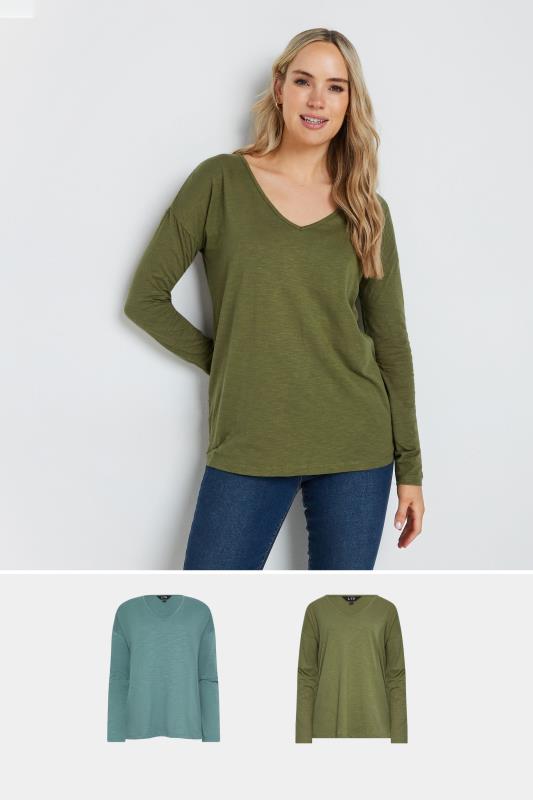 LTS Tall 2 PACK Khaki Green & Blue Long Sleeve T-Shirts | Long Tall Sally 1