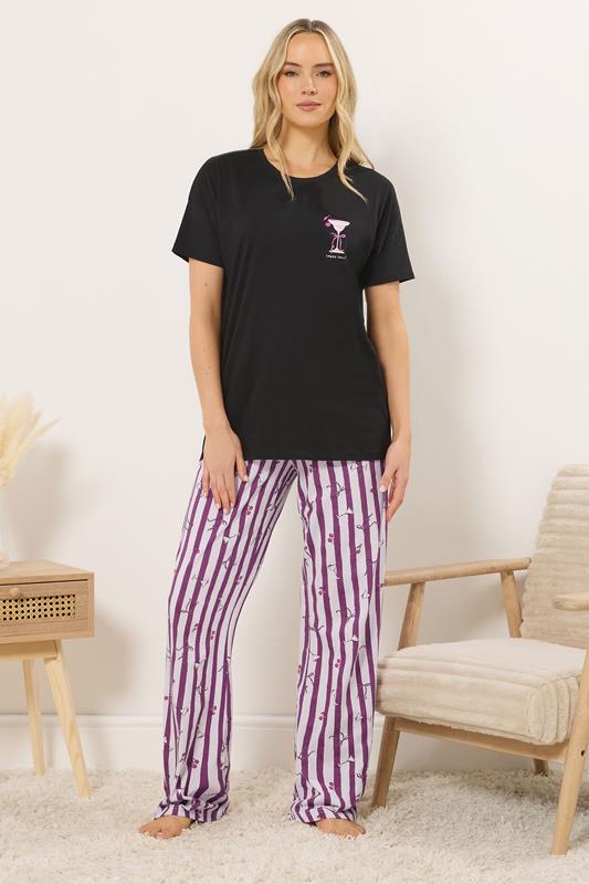  LTS Tall Black 'Happy Hour' Cocktail Cotton Wide Leg Pyjama Set